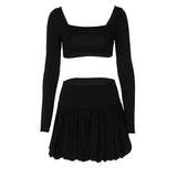 Conjunto de minifalda lisa con escote cuadrado y manga larga fruncida 