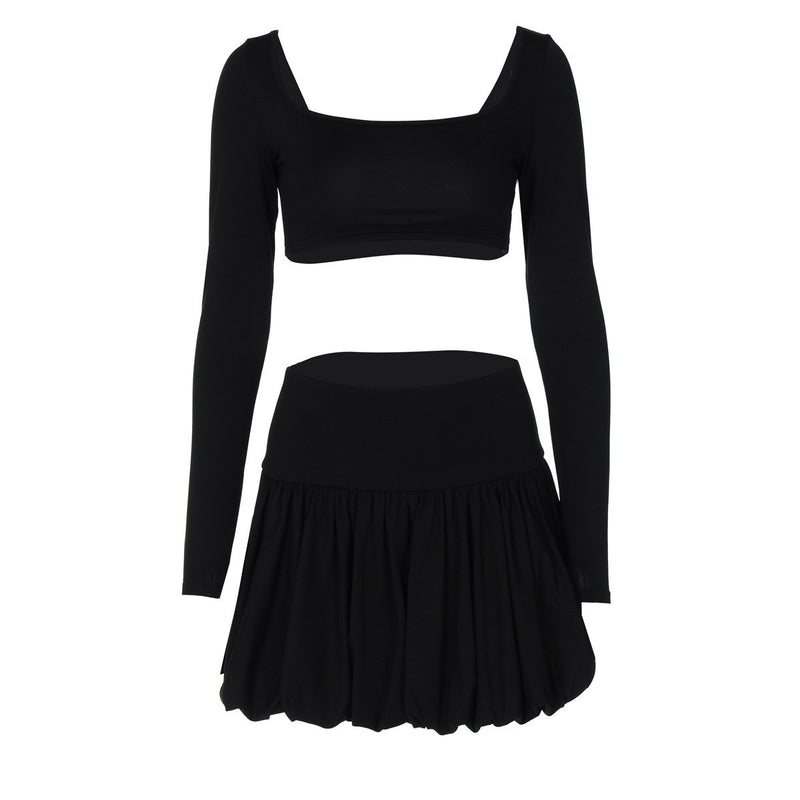 Conjunto de minifalda lisa con escote cuadrado y manga larga fruncida 