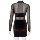 Mini-robe froncée en velours à manches longues et col haut 