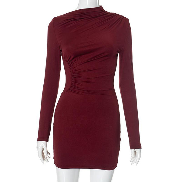 Vestido mini liso irregular con mangas largas fruncidas 