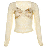 Long sleeve lace ruched print o ring hollow out top