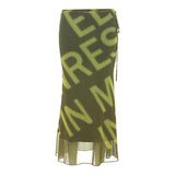 Mesh letter print hollow out self tie maxi skirt