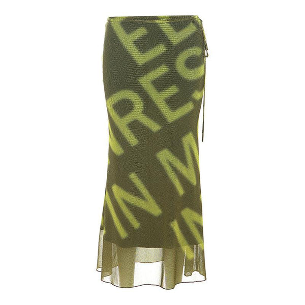 Mesh letter print hollow out self tie maxi skirt