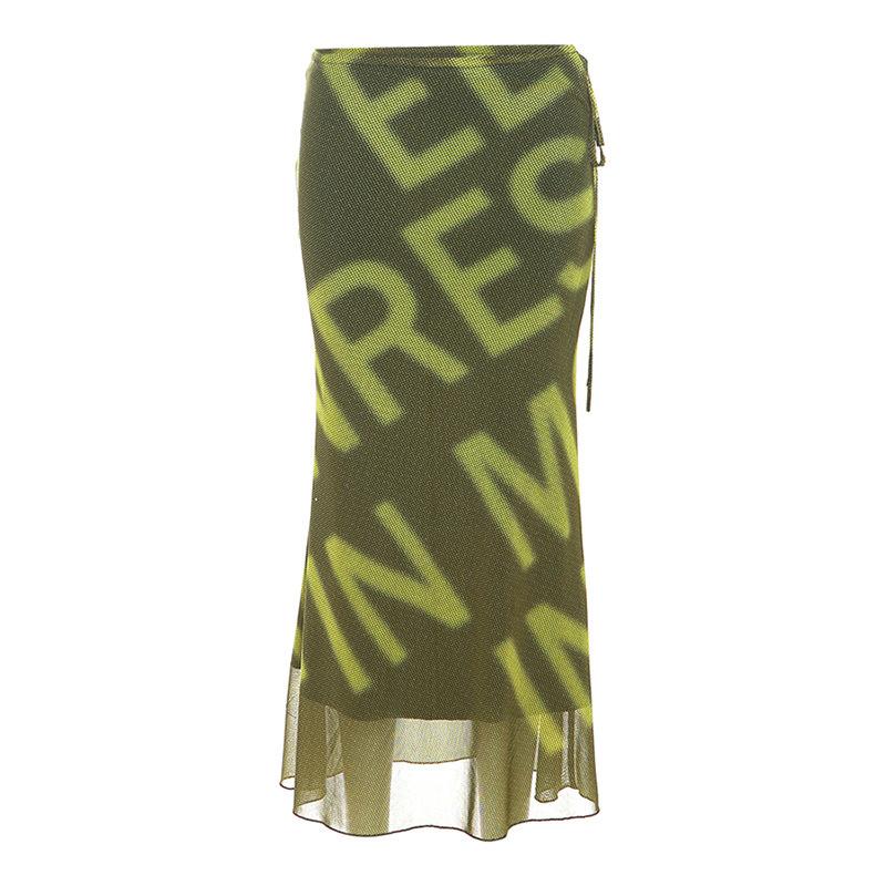 Mesh letter print hollow out self tie maxi skirt