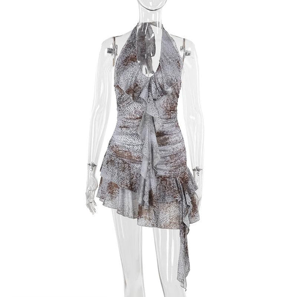 Self tie halter snakeskin print ruffle ruched mini dress