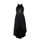 Vestido midi de canalé con cuello redondo y cadena metálica calada 