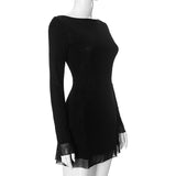 Vestido mini de manga larga con cuello redondo, lazo en la espalda y sin espalda 