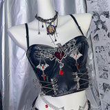Haut camisole dos nu à col en V et appliqué en cuir PU 