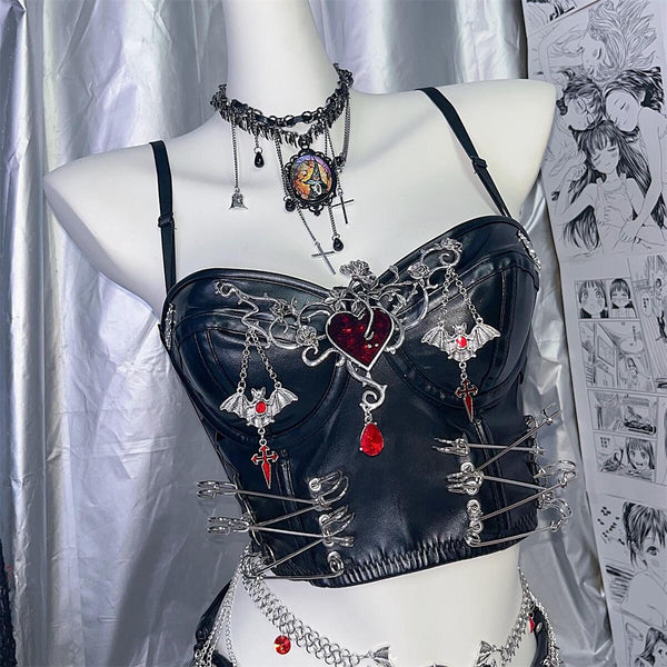 Haut camisole dos nu à col en V et appliqué en cuir PU 