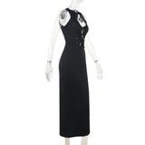 Vestido midi liso con cuello redondo, abertura y lazo 