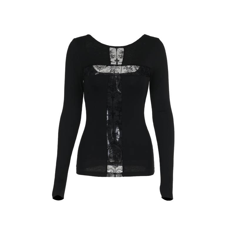Top de manga larga con cuello redondo y estampado cruzado 