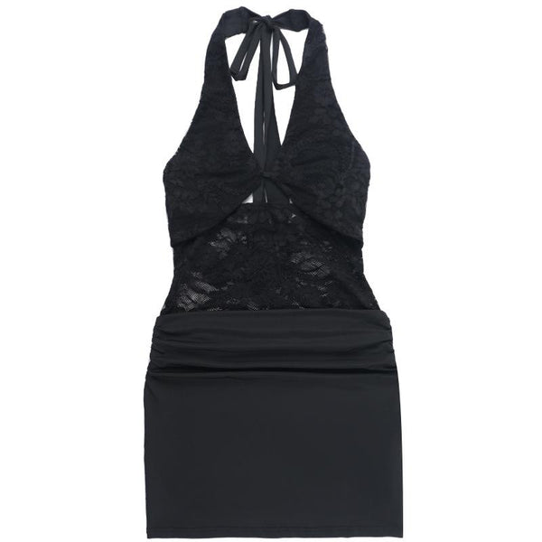 Mini-robe froncée en dentelle ajourée à nouer soi-même et à licou 