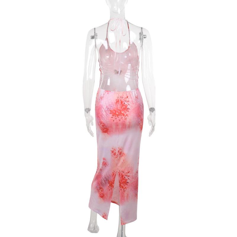 Robe longue fendue à imprimé papillon et col en U 