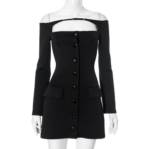 Vestido mini con botones, manga larga y hombros descubiertos 