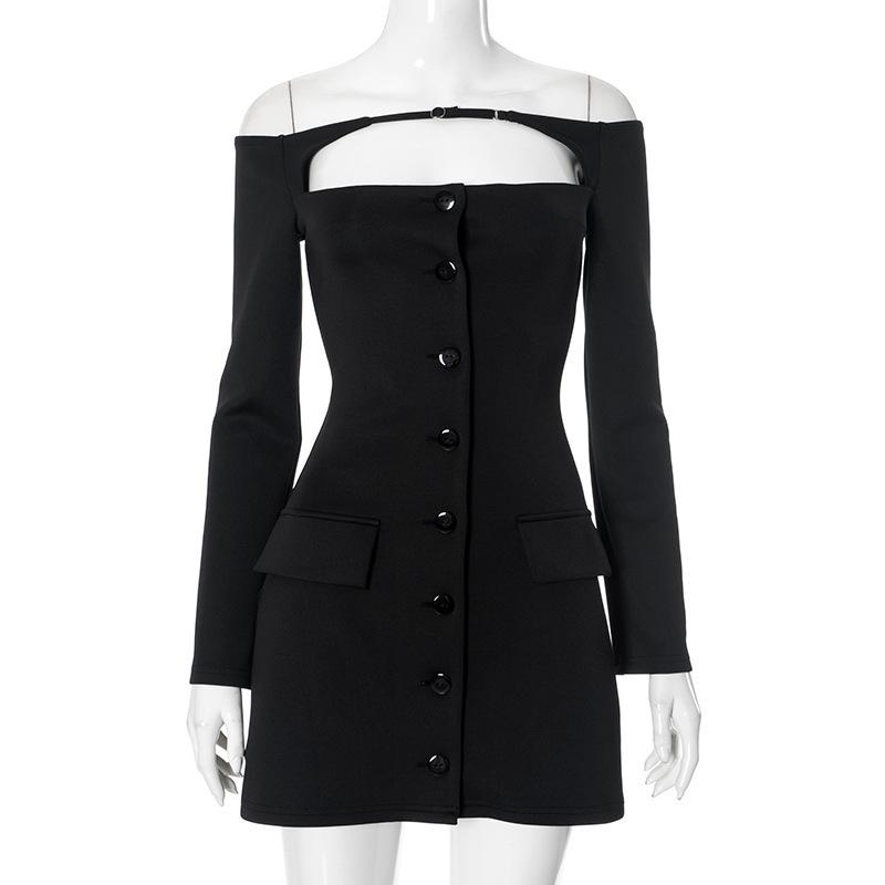 Vestido mini con botones, manga larga y hombros descubiertos 