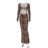 Vestido largo de manga larga con estampado de leopardo y escote en U calado 