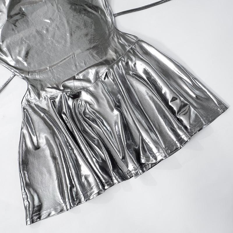 Metallic self tie halter cowl neck backless mini dress