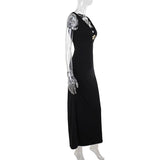 Deep V neck flower applique solid maxi dress
