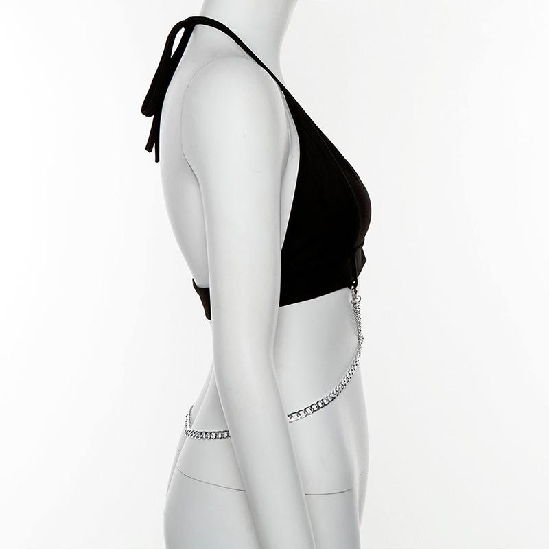 Halter self tie metal chain v neck backless top