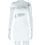Vestido mini liso con un solo hombro irregular y calado 