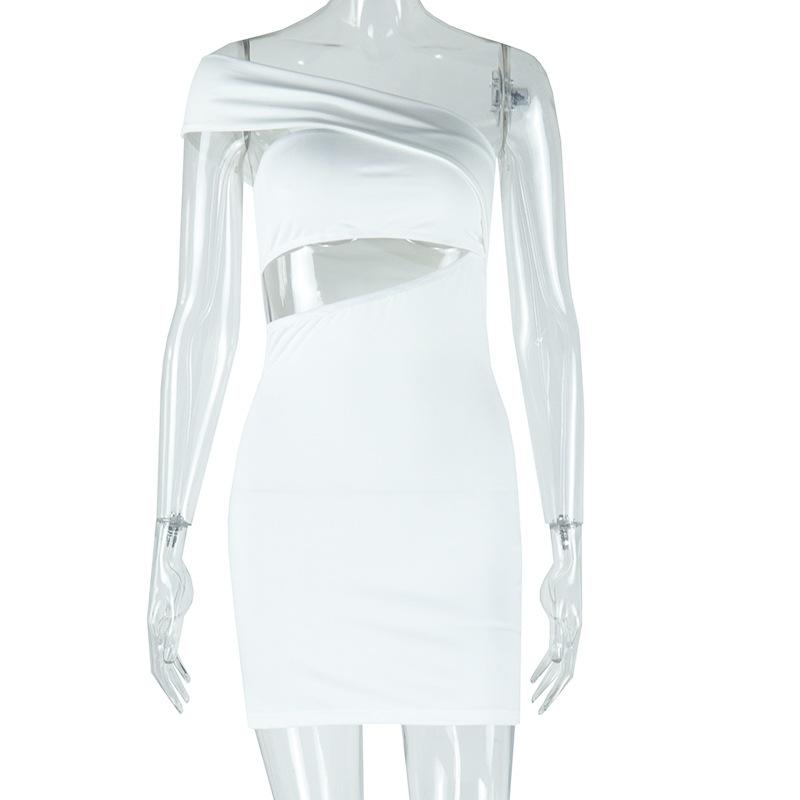 Vestido mini liso con un solo hombro irregular y calado 