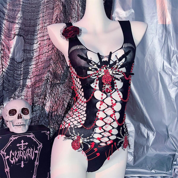 Body à col en U avec appliques en perles ajourées en forme d'araignée 