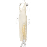 Slit halter self tie v neck ruffle solid maxi dress