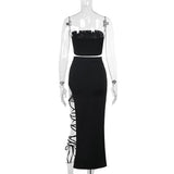 Irregular slit self tie solid tube midi skirt set