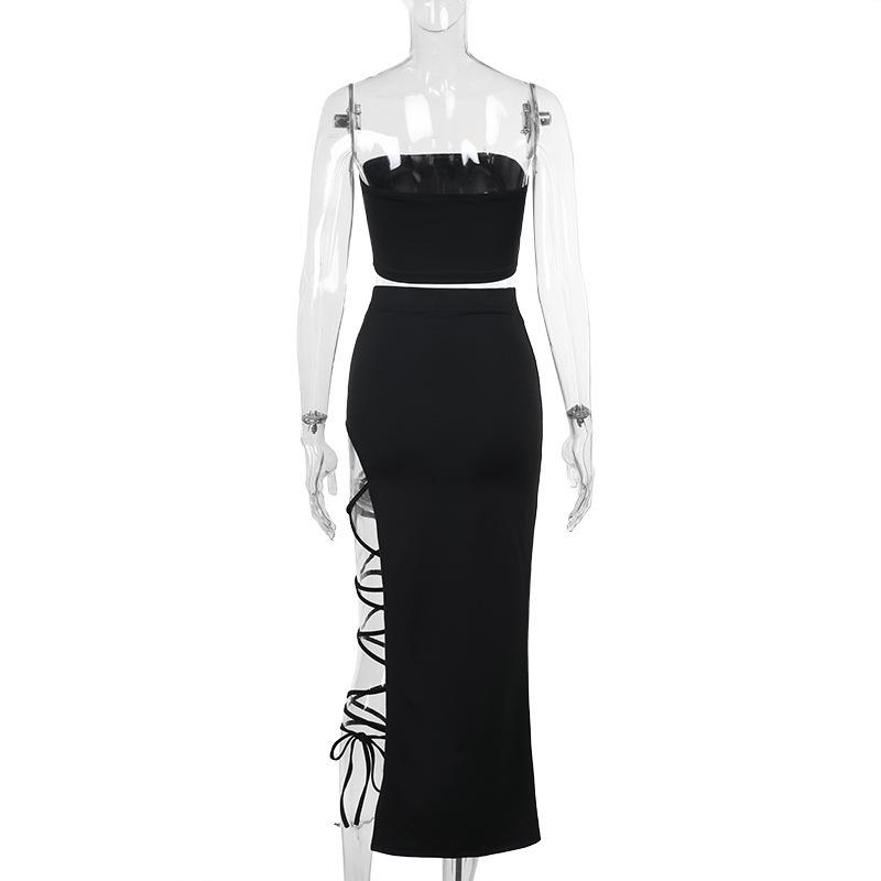 Irregular slit self tie solid tube midi skirt set