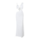 Robe longue unie à fronces et ajourées irrégulières 