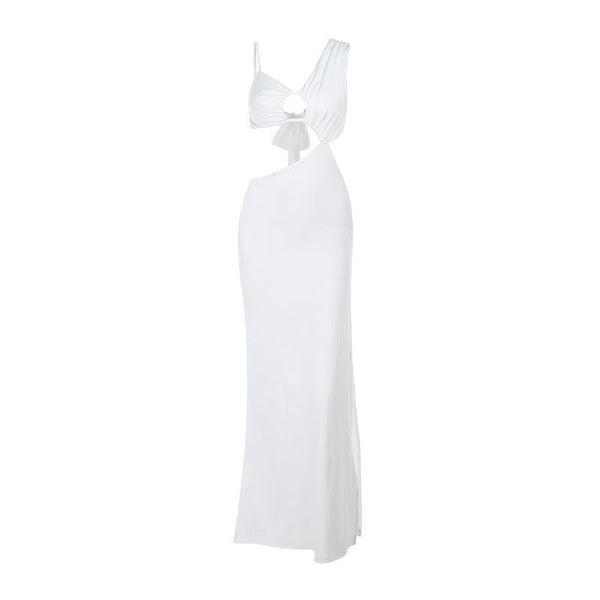 Vestido largo liso fruncido con aberturas irregulares 