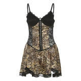 Vestido mini de tirantes finos con cuello en V, estampado de leopardo y dobladillo de encaje 