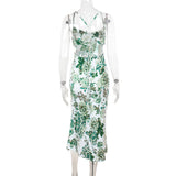 Cross back self tie u neck slit flower print midi dress