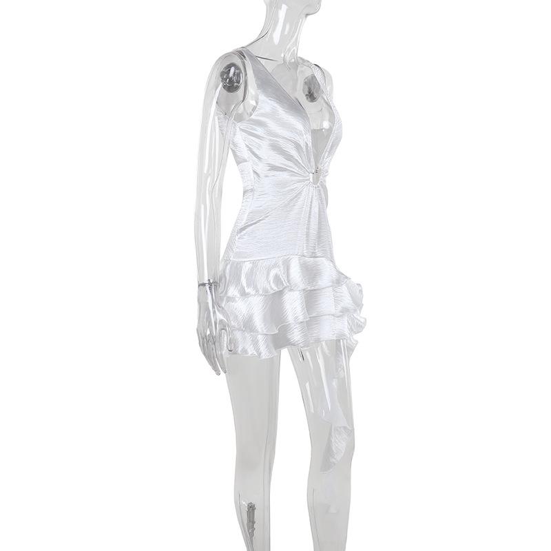 Ruffle deep V neck ruched irregular solid mini dress