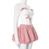 Bowknot long sleeve crewneck plaid mini skirt set