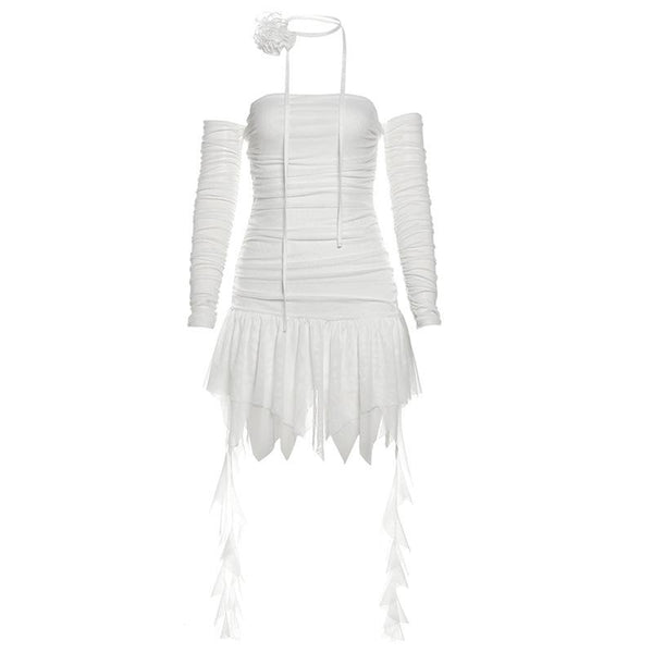 Mini-robe unie à manches longues et épaules dénudées 