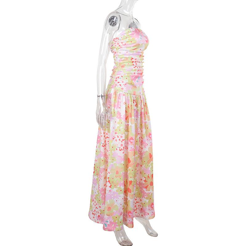 Robe longue tube dos nu à imprimé floral froncé 
