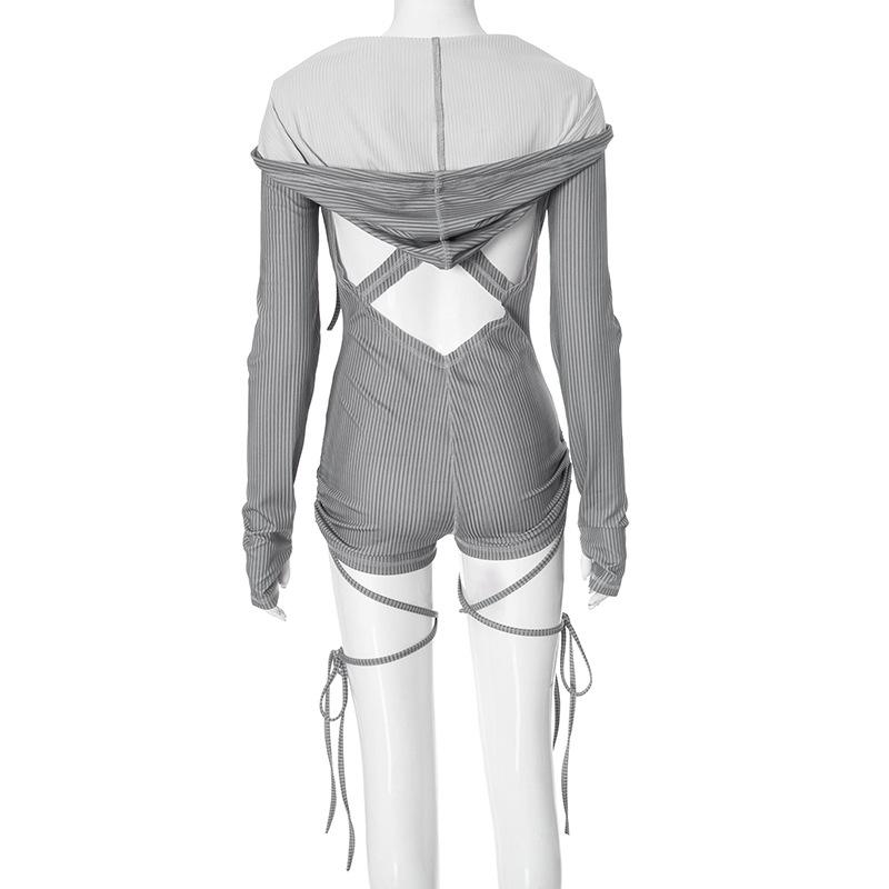 Button long sleeve gloves hoodie hollow out romper