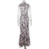 Leopard print high neck backless maxi dress