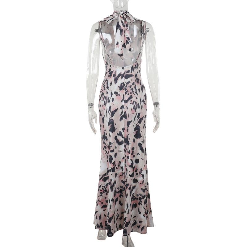 Leopard print high neck backless maxi dress