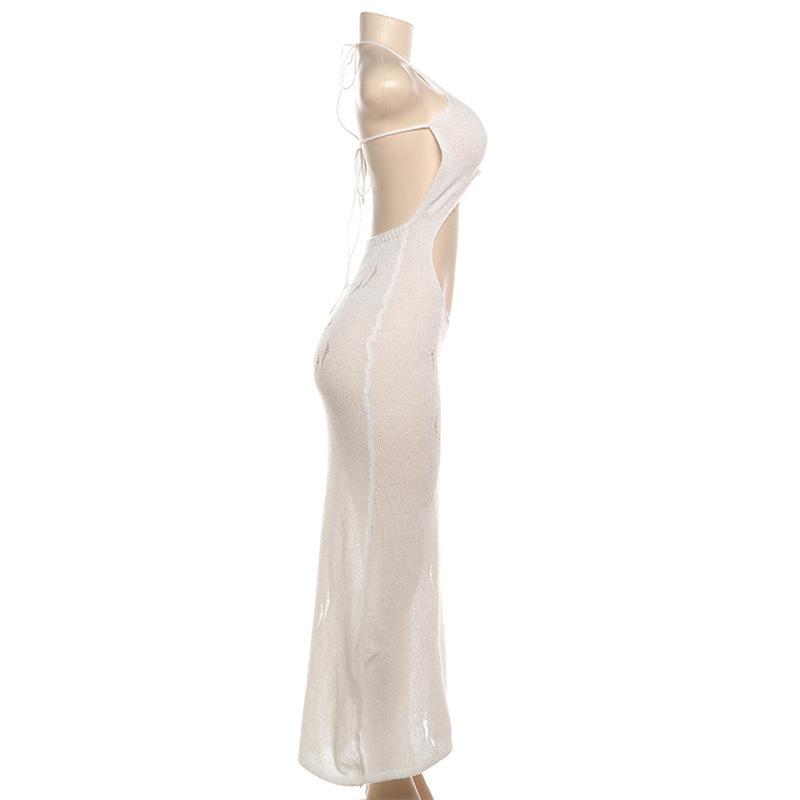 Self tie halter hollow out see through knitted maxi dress