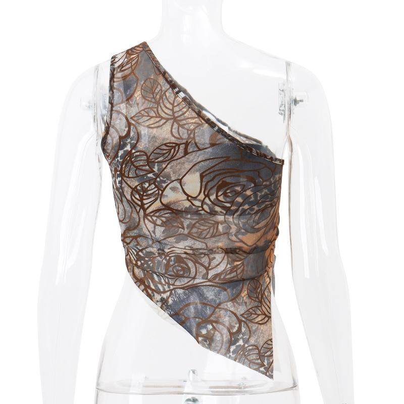 Top fruncido con estampado floral irregular de un solo hombro 