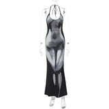 Robe longue à col en U et à nouer soi-même, imprimée sur le corps, avec anneau en O 
