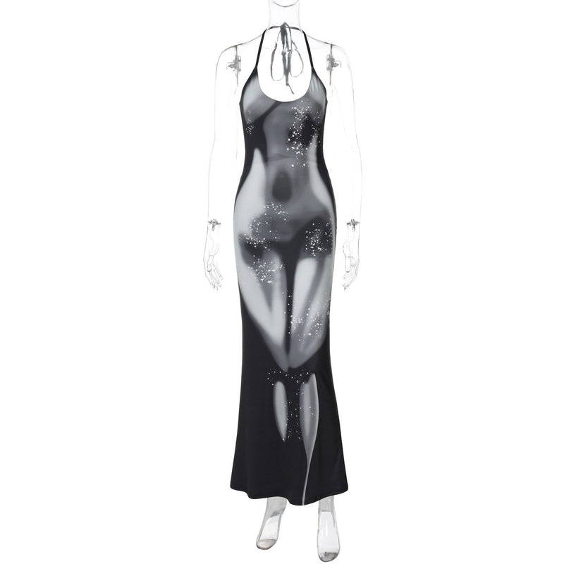 Robe longue à col en U et à nouer soi-même, imprimée sur le corps, avec anneau en O 