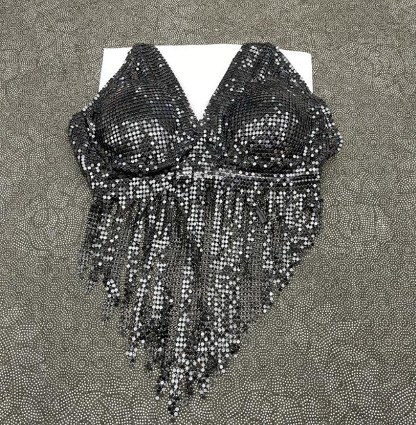 V neck halter self tie tassels glitter top