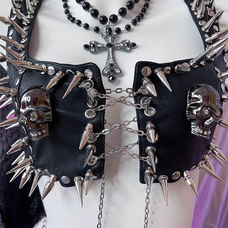 Metal chain lace up skull applique PU leather top