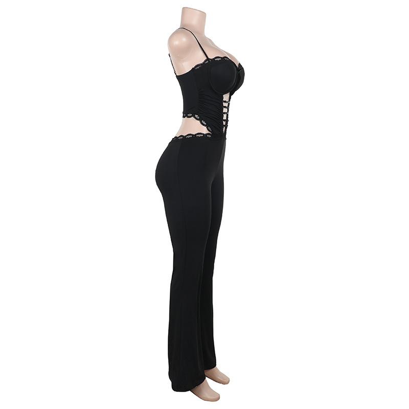 Hollow out lace hem v neck corset cami jumpsuit