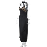 Robe longue camisole à ourlet en dentelle, col en V, fermeture éclair et dos croisé 
