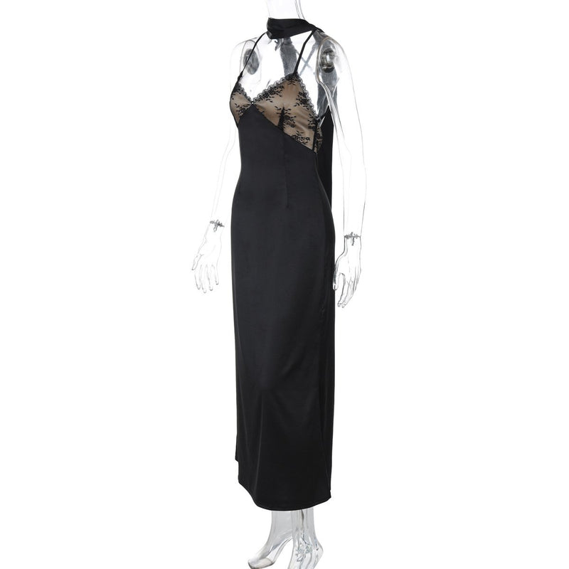 Robe longue camisole à ourlet en dentelle, col en V, fermeture éclair et dos croisé 