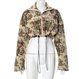 Zip-up long sleeve drawstring flower print top